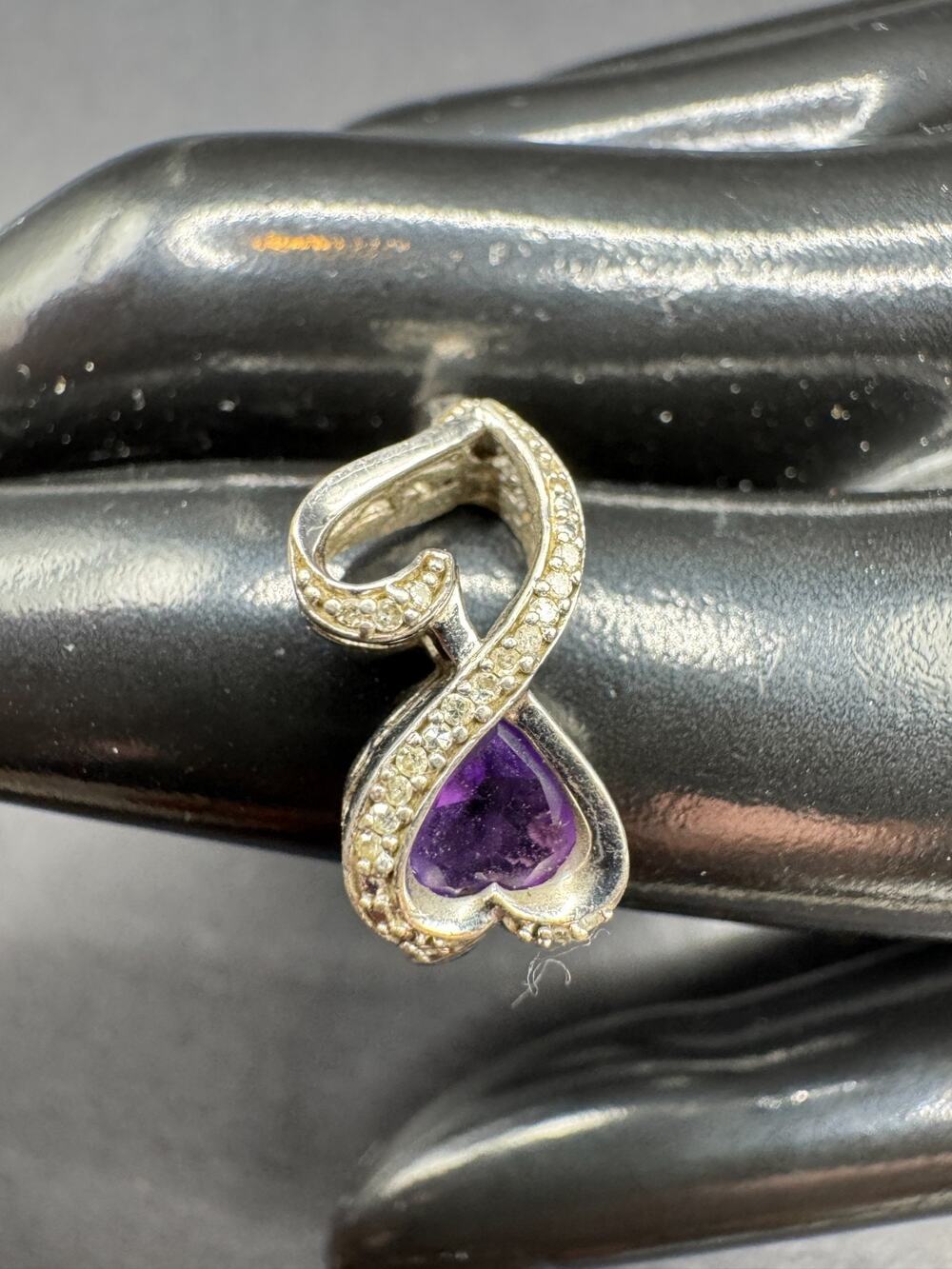 LA Designer Sterling Silver 925 Signed Amethyst Diamond Two Hearts Ring Sz 7